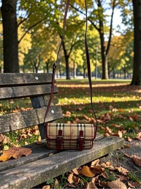 Burberry Beige Plaid Crossbody with Burgundy Trim
